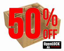 Load image into Gallery viewer, A tan plastic modular wall panel or enclosure component shown on a white background with large red text reading '50% OFF' and an OpenLOCK Compatible logo in the lower right.