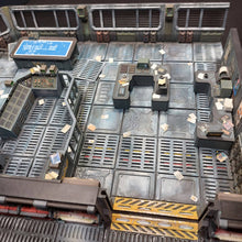 Load image into Gallery viewer, A detailed miniature diorama of a sci-fi control room or station interior, featuring gray metallic grid flooring, control consoles, a blue screen, and a yellow striped hazard panel.