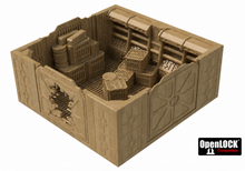 Load image into Gallery viewer, A miniature tabletop gaming terrain piece depicting a sci-fi interior room with detailed walls, shelves, and modular building structures in a uniform tan color. The brand logo 'OpenLOCK' is visible in the bottom right corner.