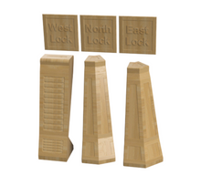 Load image into Gallery viewer, 3D printable sci-fi colony gate accessories featuring industrial pillars and West Lock, North Lock and East Lock signs for modular outer walls.