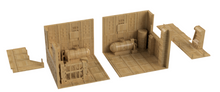 Load image into Gallery viewer, A set of unpainted, tan miniature terrain pieces and walls for tabletop wargaming, shown on a clean white background.