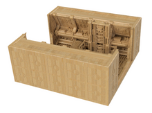 Load image into Gallery viewer, A miniature industrial terrain piece depicting a sci-fi corridor or room interior, featuring detailed paneling, stairs, and shelving, isolated on a white background.