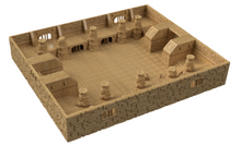 Load image into Gallery viewer, A miniature diorama model of a desert courtyard with sand-colored walls, stone arches, and small tower-like structures, shown on a plain white background.