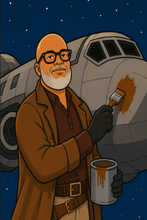 Load image into Gallery viewer, A stylized illustration of a bald man with glasses and a white beard, wearing a brown coat and painting a gray spaceship in front of a dark starry sky. He holds a paintbrush and a can of brown paint.