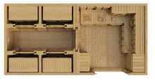 Load image into Gallery viewer, A top-down 3D architectural rendering of a kitchen, showing multiple wooden beds, a kitchen area, and a large central room with paneled floors and walls.