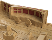 Load image into Gallery viewer, A miniature model or diorama of a futuristic spacecraft interior with beige seats, paneling, and tiled flooring, shown against a plain white background.