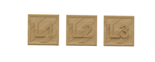 Load image into Gallery viewer, Three small square tan tiles or blocks arranged side by side on a plain white background, each with a raised geometric pattern and a number from 1 to 3.