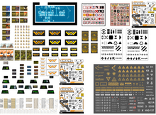 Load image into Gallery viewer, A large sheet of many small printed decals, symbols, logos, and graphic elements arranged in a grid on a white background. The sheet includes yellow-and-black striped logo-like marks, many black-and-white icon sets, some green-and-black panels, and a dark gray panel with many small labels and arrows.