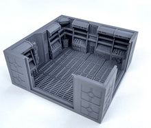 Load image into Gallery viewer, A gray 3D-printed miniature terrain piece representing a sci-fi storage room or server room, shown on a clean white background.