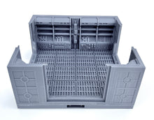 Load image into Gallery viewer, A gray plastic miniature terrain piece representing a sci-fi storage container or utility crate, shown from a top-down perspective on a white background.