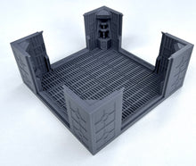 Load image into Gallery viewer, A 3D-printed miniature terrain piece depicting a futuristic, industrial room or cell with a grated floor and detailed walls, shown on a clean white background.
