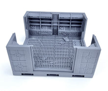 Load image into Gallery viewer, A gray plastic miniature terrain piece representing a futuristic sci-fi control room or terminal interior, shown on a clean white background.