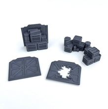 Load image into Gallery viewer, A set of dark gray miniature terrain pieces for tabletop wargaming, including two large flat baseplates and multiple modular building and wall sections, displayed on a clean white background.
