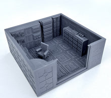 Load image into Gallery viewer, A gray 3D-printed miniature room or office interior with detailed paneling, shelving, a desk chair, and a door, shown on a clean white background.