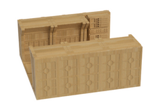 Load image into Gallery viewer, A set of miniature terrain pieces, likely for tabletop wargaming, featuring a detailed front wall with circular motifs and a rear door panel piece, shown on a plain white background.