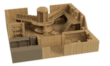 Load image into Gallery viewer, A 3D digital render of a sci-fi modular interior or arena structure, featuring a central cylindrical tower, staircases, walkways, and walls in a light wood-grain texture, with some gray wall sections in the foreground, set against a plain white background.