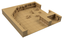 Load image into Gallery viewer, A 3D isometric rendering of a desert-themed tabletop gaming terrain set, featuring a large central courtyard with walls, stairs, and ruins, all in a uniform sandy tan color on a white background.