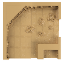 Load image into Gallery viewer, A top-down view of a tan tabletop terrain board or gaming mat with a ruined interior scene, including collapsed sections and rubble, shown on a white background.