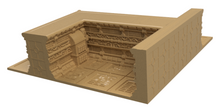 Load image into Gallery viewer, A 3D digital render of a miniature terrain piece, likely a 3D-printed model, depicting a detailed sci-fi or fantasy interior room with textured walls and floor panels, shown in a uniform tan color on a white background.