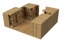 Load image into Gallery viewer, A 3D-rendered tan modular room or terrain piece with carved wall details, a floor grid, and a broken upper section, shown on a plain white background.