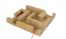 Load image into Gallery viewer, A 3D architectural model of a maze-like structure in a sandy beige color, shown on a plain white background with a red arrow pointing to a section.