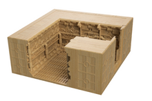 Load image into Gallery viewer, A 3D-printed miniature terrain piece depicting a detailed stone room with walls, floor, and a raised platform, shown on a plain white background.