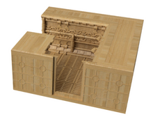 Load image into Gallery viewer, A miniature 3D-printed terrain piece resembling a stone temple or ruins, featuring a carved interior with stairs and textured walls, in a light tan wood-grain finish on a white background.