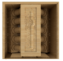 Load image into Gallery viewer, A 3D rendering of a wooden or bamboo-look interior panel with a central rectangular inset showing a detailed pipe and mechanical schematic, surrounded by cylindrical components and perforated backing.