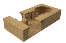 Load image into Gallery viewer, A 3D render of a sci-fi themed miniature terrain piece, resembling a futuristic wooden room or pod interior, shown on a solid white background.
