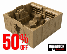 Load image into Gallery viewer, A tan plastic terrain box for tabletop wargaming, featuring a detailed sci-fi interior with shelves, crates, and a damaged wall section. Large red text overlay reads '50% OFF' and a black 'OpenLOCK Compatible' logo is in the bottom right corner.