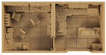 Load image into Gallery viewer, A top-down view of a 3D-printed miniature diorama representing a sci-fi laboratory or control room, constructed from a uniform tan filament.