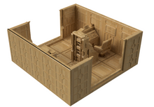 Load image into Gallery viewer, A 3D-rendered isometric view of a tan modular room or playset interior with walls, floor panels, furniture, and a central raised structure, shown on a plain white background.