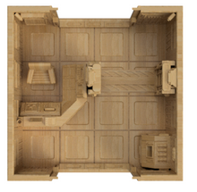 Load image into Gallery viewer, Top-down view of a miniature security entrance diorama room set, featuring a sci-fi or futuristic interior layout with paneling, furniture, and machinery in a uniform light wood finish.