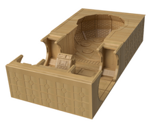 Load image into Gallery viewer, A 3D digital render of a sci-fi interior pod or habitat module, shown in a cutaway view to reveal the internal layout. The model is rendered in a uniform light tan/beige color with fine line details, set against a solid white background.