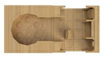 Load image into Gallery viewer, A top-down view of a 3D-printed wooden miniature model, showing a detailed sci-fi interior or room layout with a large circular chamber on the left and various compartments on the right, all in a uniform light wood grain finish.