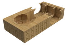 Load image into Gallery viewer, A 3D digital render of a miniature terrain piece or model base, featuring a light tan wood-grain texture with detailed paneling, arches, and a recessed alcove, shown on a solid white background.