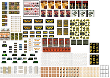 Load image into Gallery viewer, A large flat layout sheet showing many small printed graphics, logos, patches, labels, and card-like elements arranged in a grid on a white background. The sheet includes multiple repeated motifs in black, yellow, red, beige, and some green tones, with no person, animal, or real environment visible.