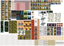 Load image into Gallery viewer, A large flat collage of many printed game or card components arranged on a white background, including multiple sheets of small cards, illustrated unit cards, banners, flags, and rulebook pages. No person, animal, or real environment is present, so this is Product/Packaging rather than Lifestyle.